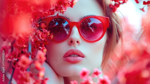 Fashion Model girl isolated over white background. Beauty stylish blonde woman posing in fashionable clothes and red sunglasses. Casual style with beauty accessories. High fashion spring style