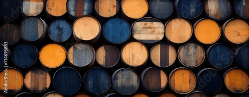 Old wooden whiskey, scotch, wine barrels stack in a warehouse. AI generated image photo