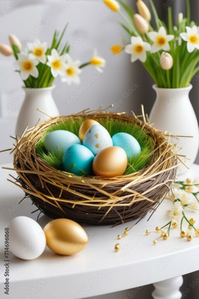 Nest with Easter eggs and green grass against a background of spring flowers and a stylish modern interior.
Nest with Easter eggs and green grass against a background of spring flowers and a stylish modern interior.