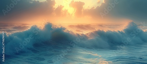Blue ocean wave at sunset photo
