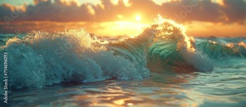 Blue ocean wave at sunset