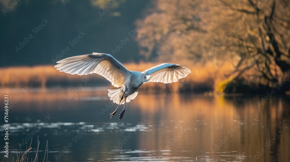 Bird flying by the lake 