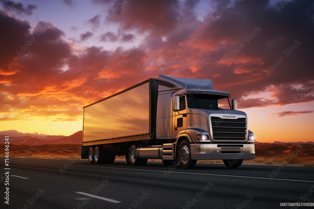 A cargo truck against the backdrop of a beautiful sunset