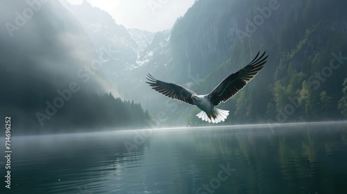 bald eagle flying over lake with mountains
 photo