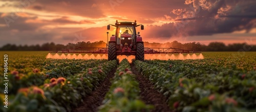 Sunset over a field of young tobacco plants. Agricultural landscape.