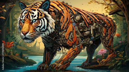 Surreal Tiger Fusion  Harmonizing Nature and Technology in a Captivating Surreal Portrait of Tigers 