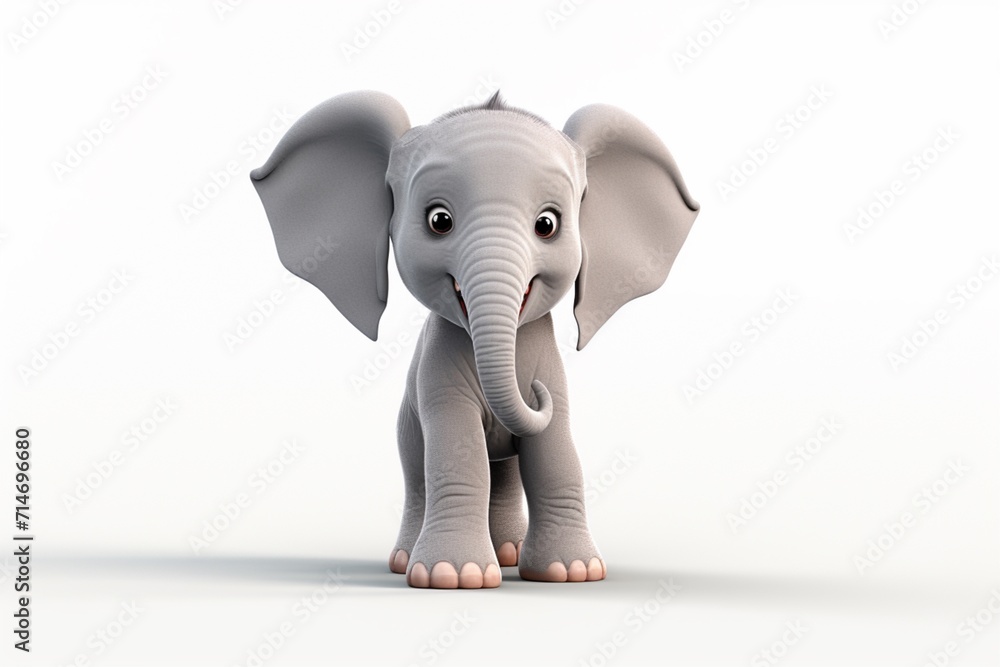 A cartoon elephant is placed on a white backdrop