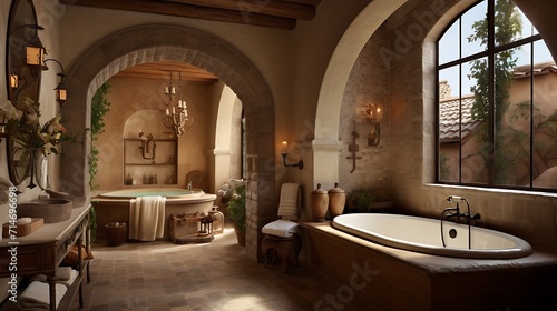 A bathroom with a Mediterranean or Tuscan influence.