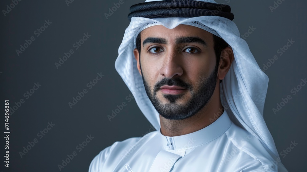 Serios arab middle-eastern man with traditional kandora in studio - Arabic muslim adult male portrait wearing emirate clothing in Dubai, United Arab Emirates Serios arab middle-eastern man with traditional kandora in studio - Arabic muslim adult male portrait wearing emirate clothing in Dubai, United Arab Emirates