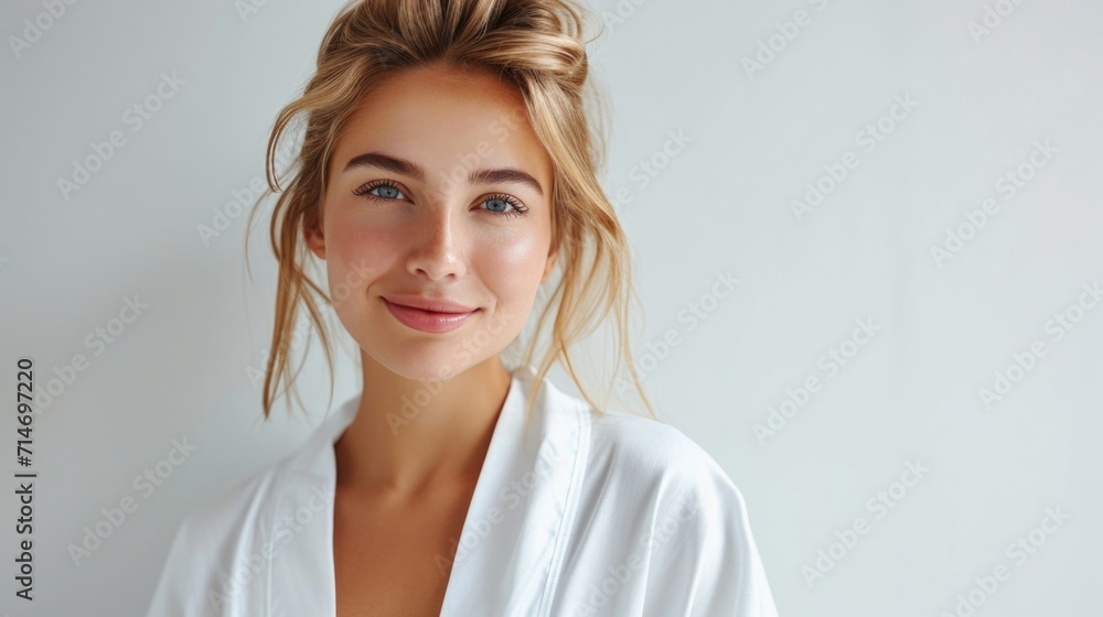 Pretty attractive blonde woman in white silky bathrobe posing at white bathroom, smiling at camera, closeup portrait, panorama with copy space. Face and skin care at home concept Pretty attractive blonde woman in white silky bathrobe posing at white bathroom, smiling at camera, closeup portrait, panorama with copy space. Face and skin care at home concept