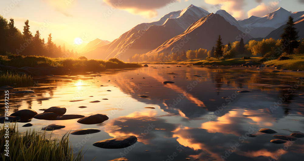 a mountain scene at sunset with mountains reflected in the water