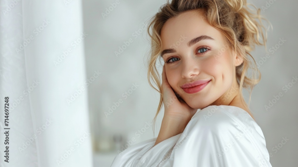 Happy attractive blonde woman in white silky bathrobe posing at white bathroom, smiling at camera, closeup portrait, panorama with copy space. Face and skin care at home concept 
