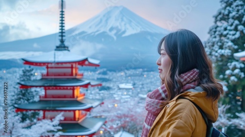 Happy asiawoman enjoy outdoor lifestyle travel at red pagoda covered background in winter holiday vacation. People travel Japan landmark famous place and season change concept.  photo