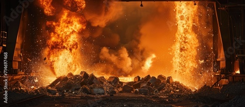 Molten iron erupted from the steel blast furnace opening. photo