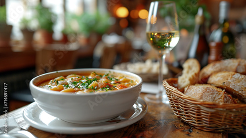 On the table is a plate of bouillabaisse soup, French cuisine, a classic of culinary art. Rustic, homemade food.