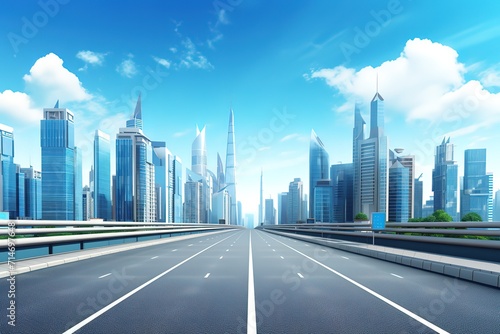 A straight road with tall buildings next to it with a view of the clear sky. generative ai