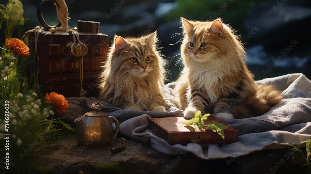 A couple of cats are having a picnic.