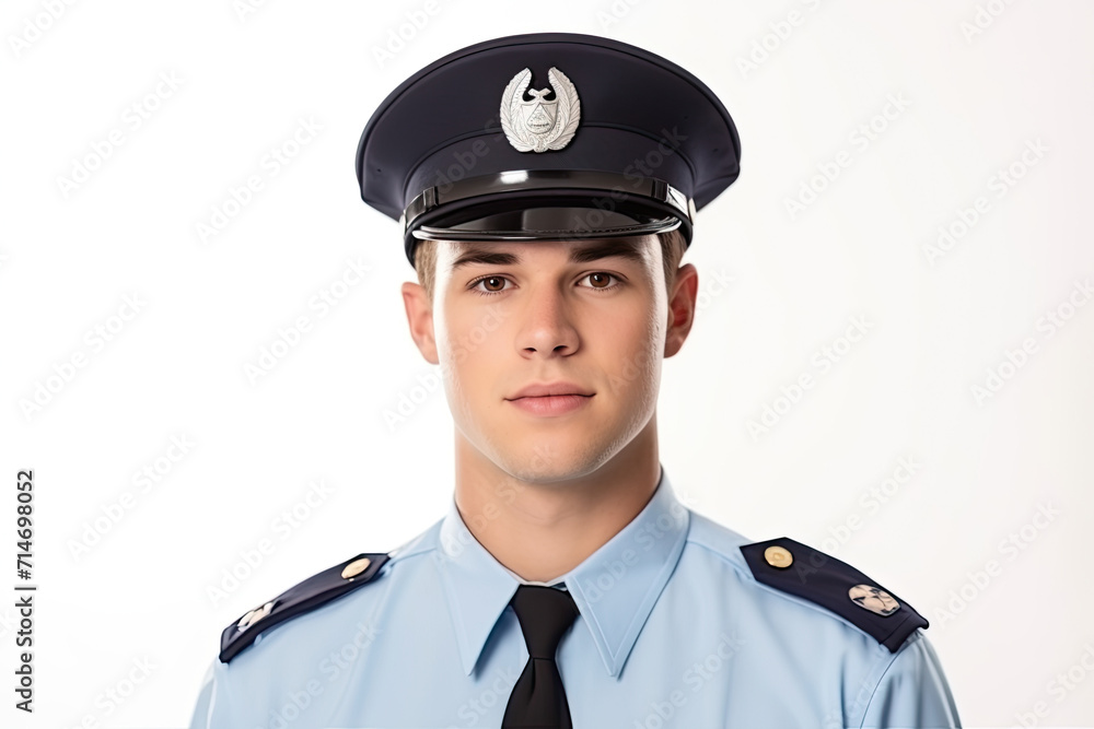 A young and confident police officer in uniform and cap, displaying authority with a reassuring smile. A young and confident police officer in uniform and cap, displaying authority with a reassuring smile.