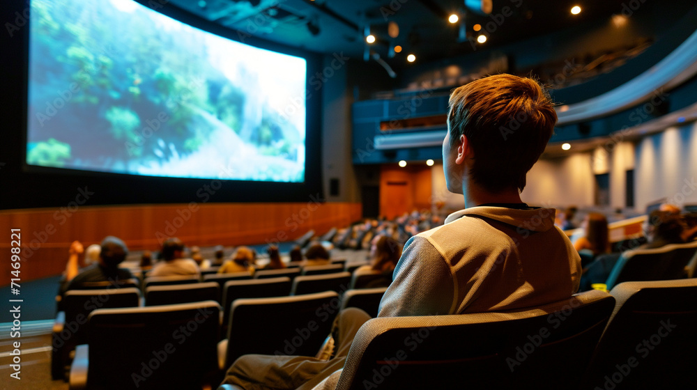 Inside a state-of-the-art auditorium, a young man addresses a seated audience under dramatic lighting, utilizing a panoramic screen to convey the details of his project. The sophis