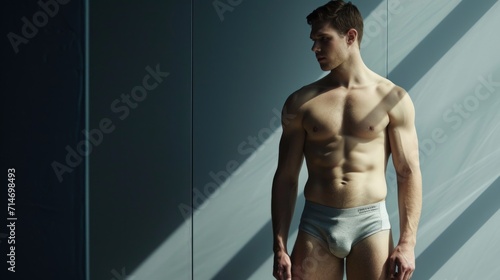 Handsome fit young man posing in underwear. Full body studio shot of male model with athletic body wearing comfortable white cotton underpants standing in bright daylight near window. Fashion concept