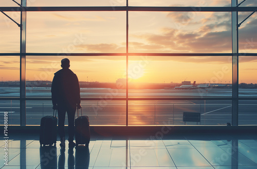 Silhouetted against the morning sun, a man with suitcases observes the tranquil scene of airplanes at the airport