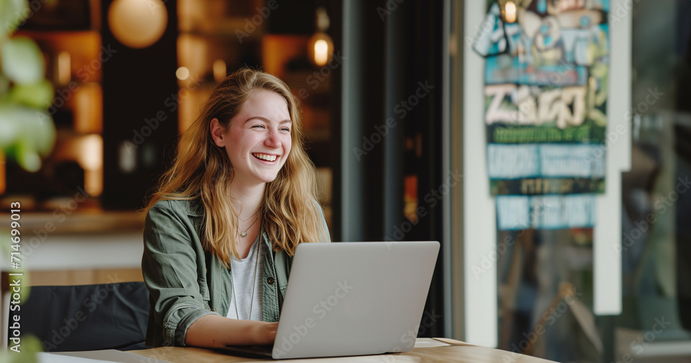 Young professional woman with a beaming smile engaging in her work on a laptop in a modern cafe setting