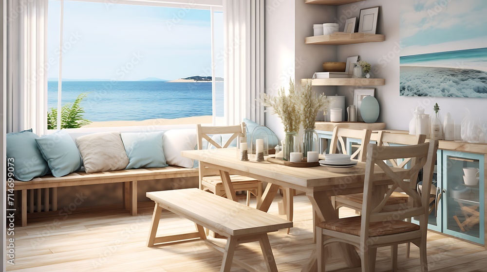 A dining room with a beach or coastal theme.