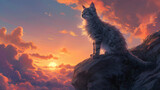 Against the backdrop of a dramatic sunset, a regal gray cat stands proudly on a cliff's edge, its fur illuminated by the warm hues of the evening sky. The owner, appreciating the b