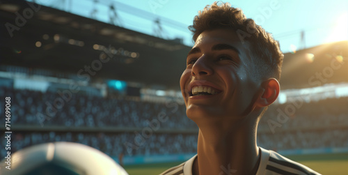 A teenage soccer fan relishes a moment of triumph at a sunlit stadium, reflecting passion and youthful enthusiasm for the sport photo