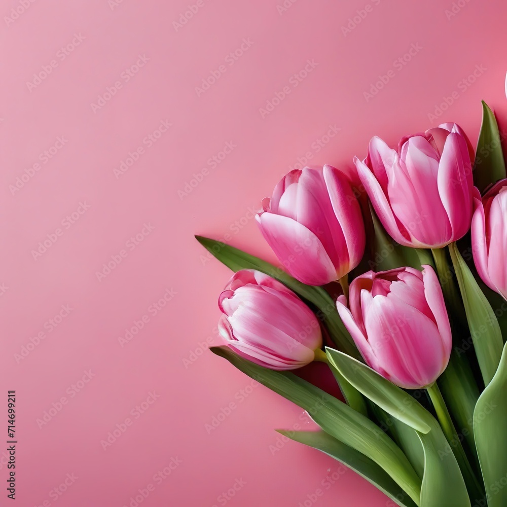 pink tulips on a bright pink background. spring bouquet of flowers with place for text. template for card, banner.