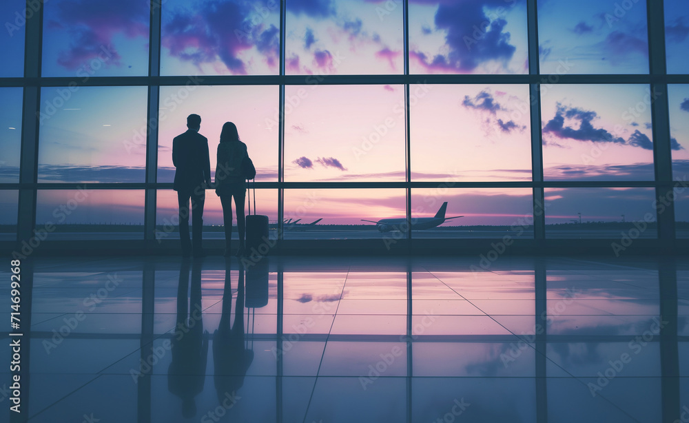Fototapeta premium Back view of a contemplative couple at an airport terminal, silhouetted against a colorful sunset sky