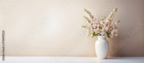Spring flowers bouqet in a vase, neutral beige minimalist background banner, website header, copy space. Mother's day, Women's Day, spa, easter, card. Generative AI. photo