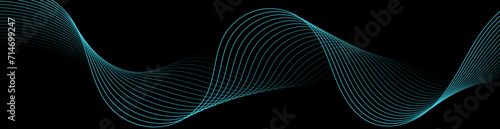 Abstract background with waves for banner. Web banner size. Vector background with lines. Element for design isolated on black. Black and blue. Ocean, water