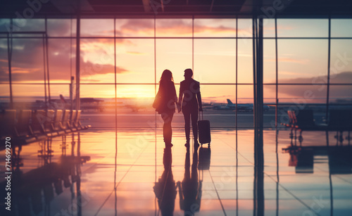 A couple's silhouette at an airport, hand in hand, with the warm glow of sunrise framing a new journey