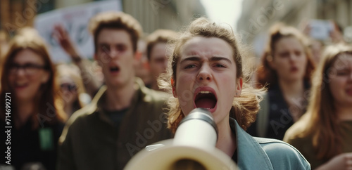 Focused image of a passionate young protester using a megaphone during a vibrant street demonstration