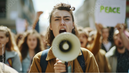 Determined young activist passionately calls for peace through a megaphone at a dynamic street demonstration