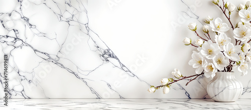 Spring flowers in vase on neutral white marble minimalist background banner  website header  copy space. Mother s day  Women s Day  spa  easter  card. Generative AI.