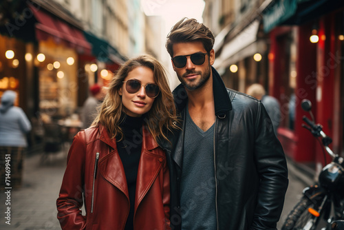 Attractive modern and stylish couple with black glasses on a street with the background out of focus.