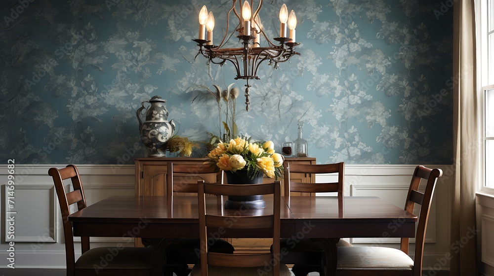 A dining room with a vintage-inspired wallpaper.