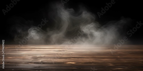 An empty room with wooden floor and smoke effect. generative ai