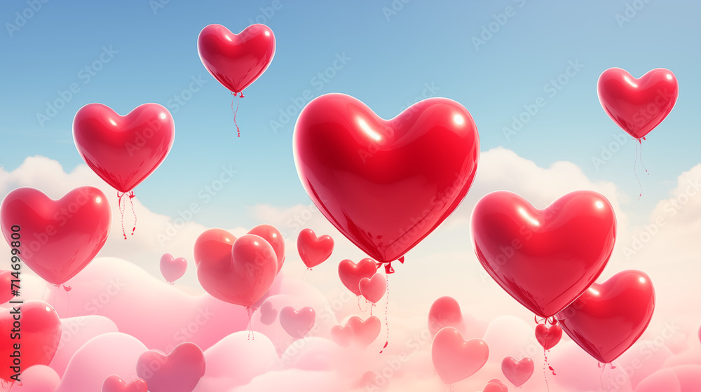 Red heart balloons float chaos in the sky. Happy Valentines Day. Wedding background, greeting cards, invitation