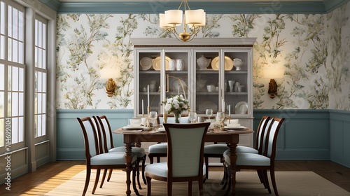 A dining room with a vintage-inspired wallpaper. © Muhammad