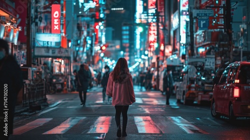 Young fashion woman walking around night city