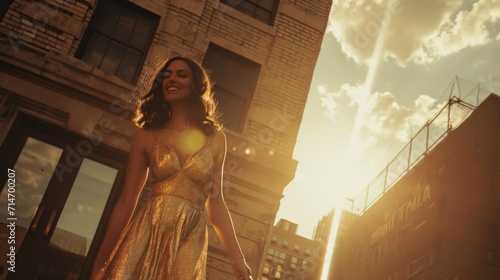  Fashion smiling woman wearing a golden maxi dress posing outside 