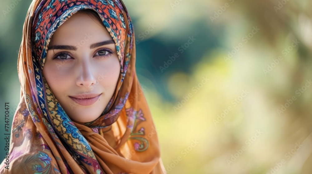 Portrait of arabian young woman wearing traditional arabic clothing and hijab outdoors.