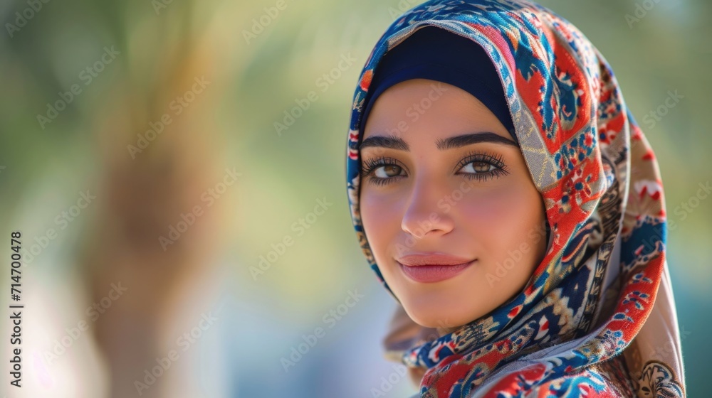Portrait of Arabian young woman wearing traditional arabic clothing outdoors. 