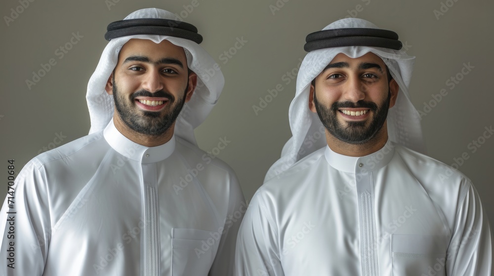 Fototapeta premium Portrait of Two Successful Muslim Businessmen in Traditional Outfits Gently Smiling, Wearing White Kandura and Black Agal Keeping a Ghutra in Place. Saudi, Emirati, Arab Businessman Concept.