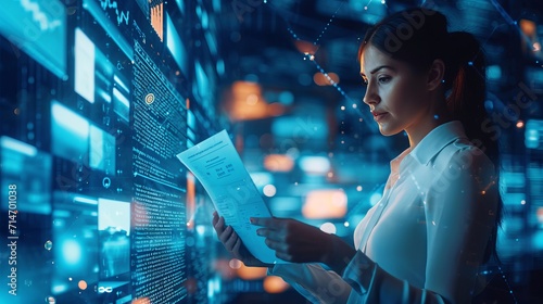 Woman Reading Paper in Front of Data Display, Knowledge and Information Gathering