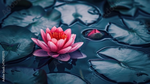 Red lotus water lily blooming on water surface and dark blue leaves toned, purity nature background, aquatic plant, symbol of buddhism