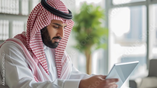 Saudi character holding a tablet sitting in the office on a white background  photo